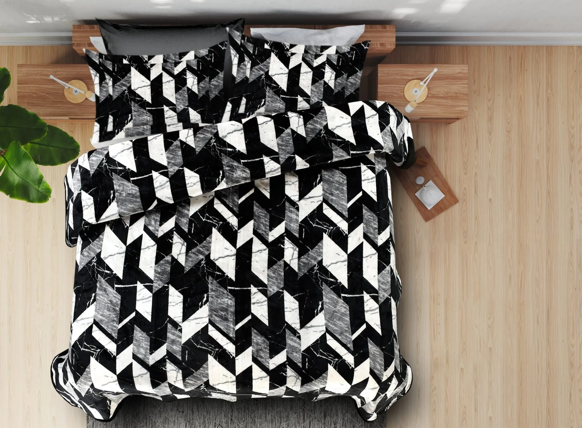 Black White Mix Arrow Design Lavante AC Double Ply Double Bed Flannel Blanket & Topsheet for Summers