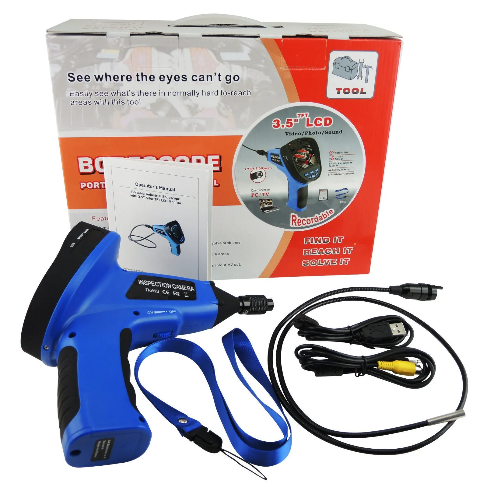 C0599E-5530L1 Industrial 3.5inch LCD 5.5mm Camera Video Inspection 6 LED Lights Borescope Endoscope