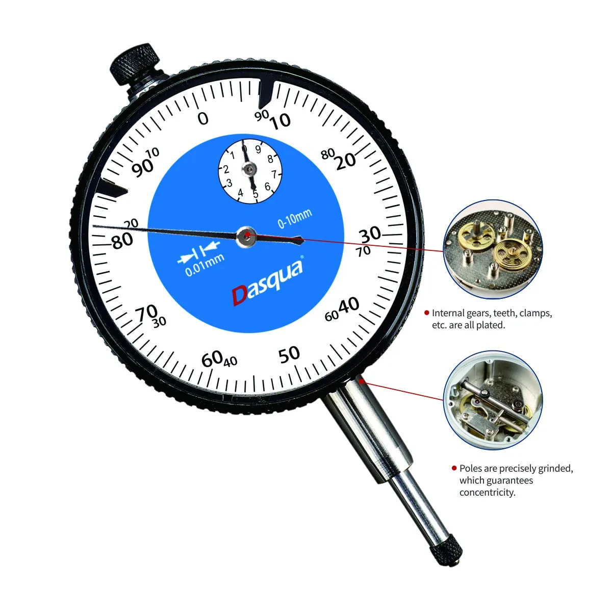 DASQUA High Accuracy MINI Dial Indicator lug back 0-3 mm With Calibration Certificate