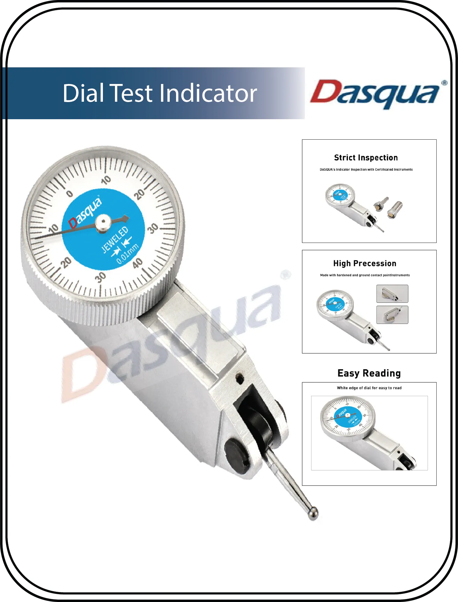 DASQUA High Precision Satin Chorme-Finished Dial Test Indicator With Calibration Certificate