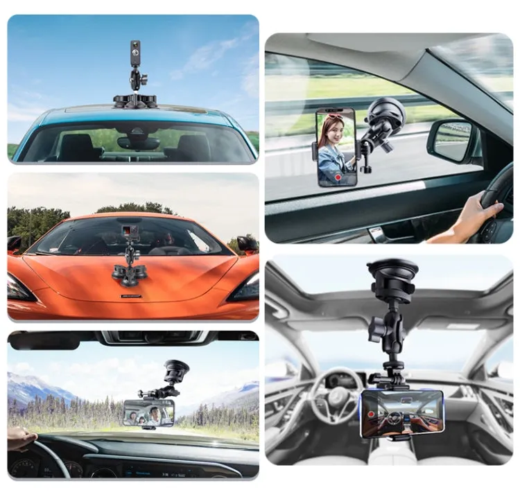Dual Suction Cup Mount Holder with Tripod Adapter & Steel Tether & Safety Buckle (Black)