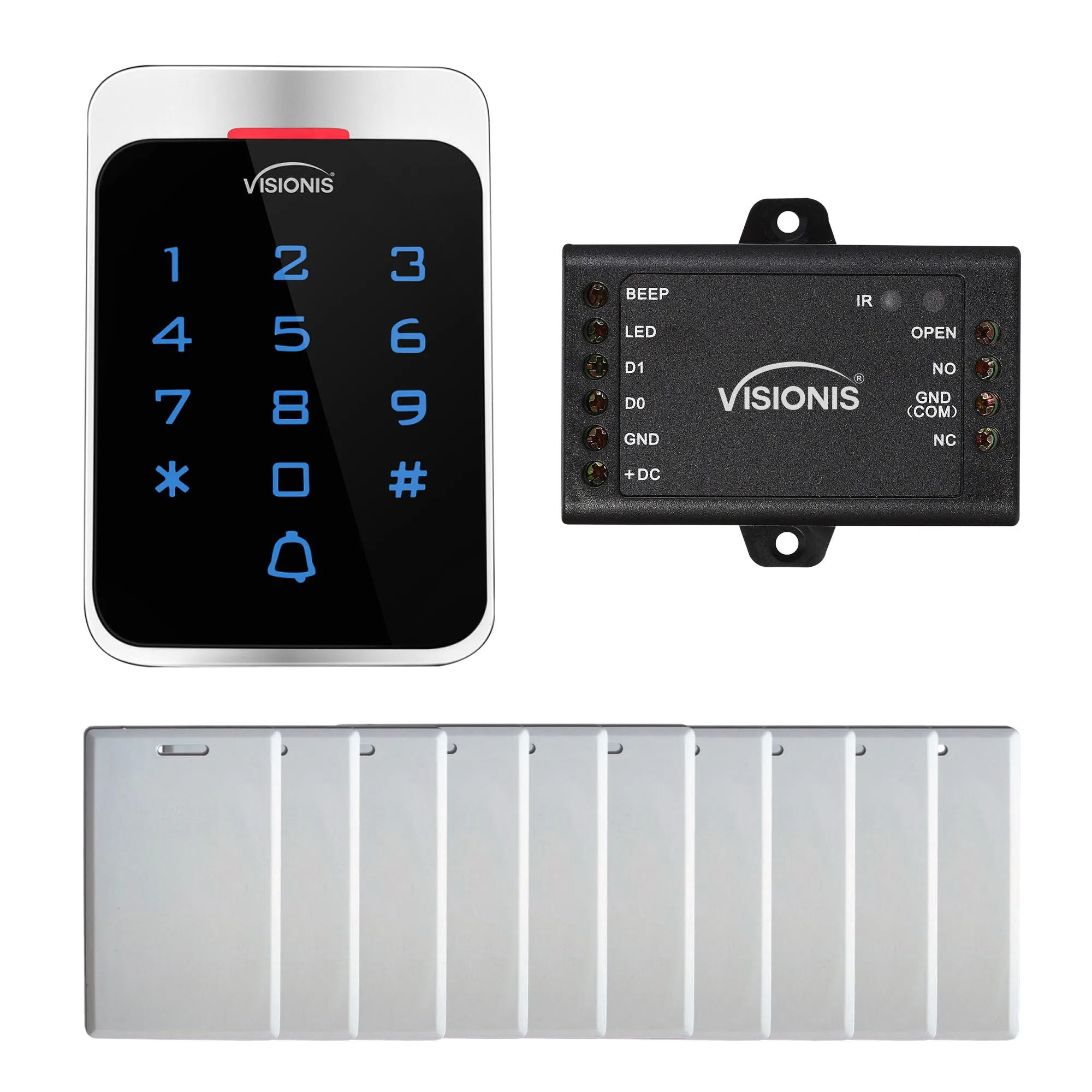 FPC-8907 VIS-3022 Access Control Outdoor Weatherproof Metal Housing Digital Touch Keypad   Reader Standalone with Mini Controller   Wiegand 26, EM Cards With Doorbell, Pack Of 10 Proximity Cards