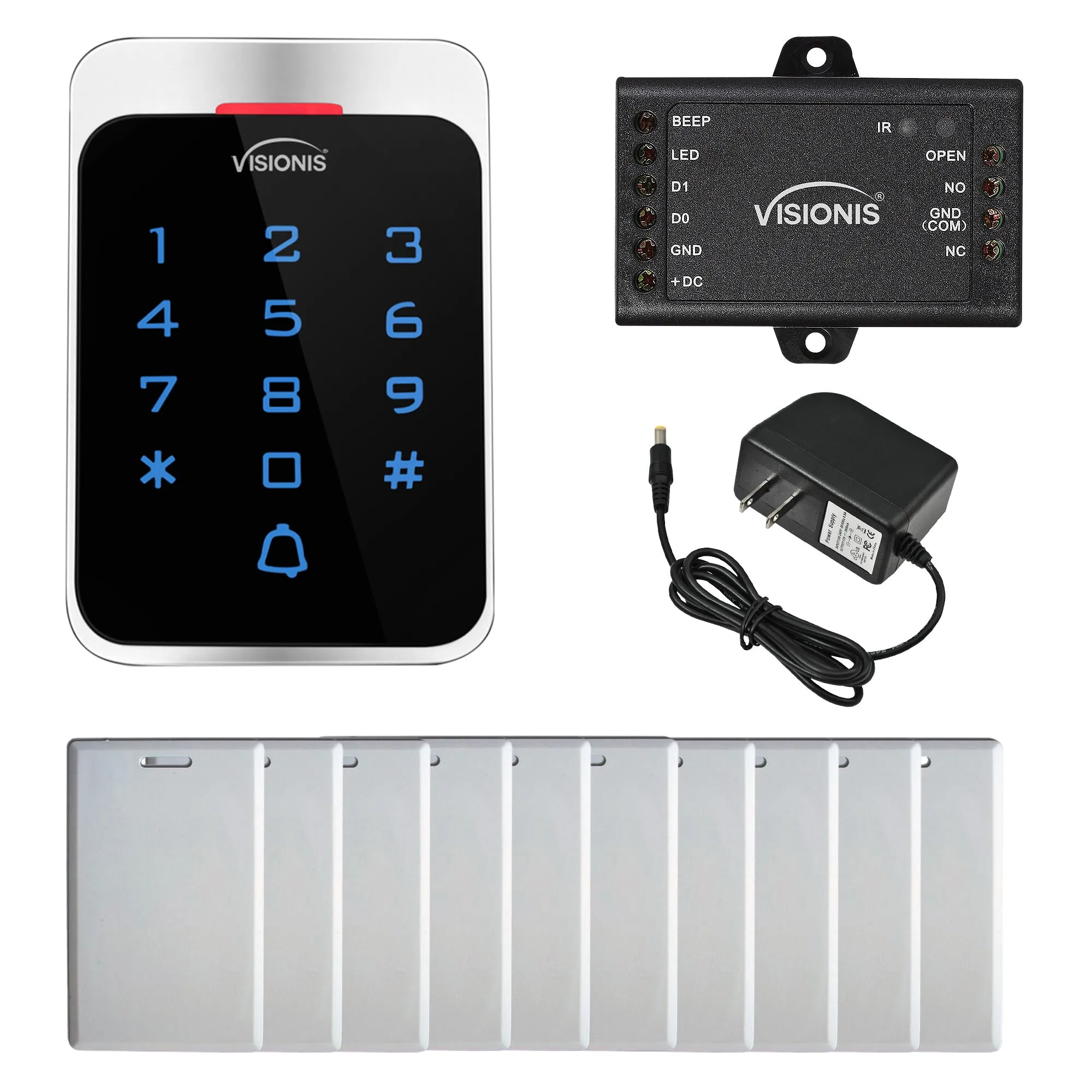 FPC-8909 VIS-3022 Access Control Outdoor Weatherproof Metal Housing Digital Touch Keypad   Reader Standalone with Mini Controller   Wiegand 26, EM Cards   Power Supply, Pack Of 10 Proximity Cards