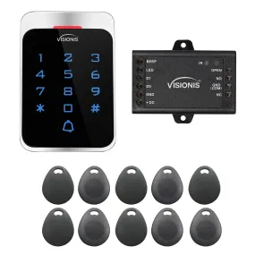 FPC-8910 VIS-3022 Access Control Outdoor Weatherproof Metal Housing Digital Touch Keypad   Reader Standalone with Mini Controller   Wiegand 26, EM Cards With Doorbell, Pack Of 10 Proximity Key Tags