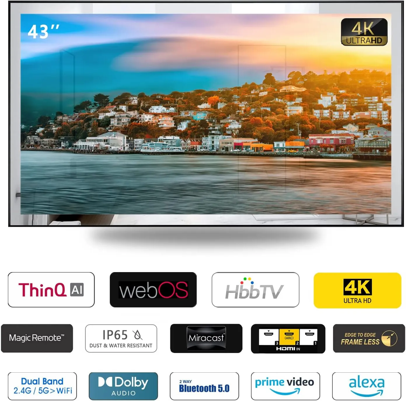 Haocrown 43 Inch Ultra HD Smart Mirror TV for Bathroom, IP66 Waterproof, Built-in Alexa & Wi-fi, DVB-T/T2/C/S/S2 (WebOS TV System)