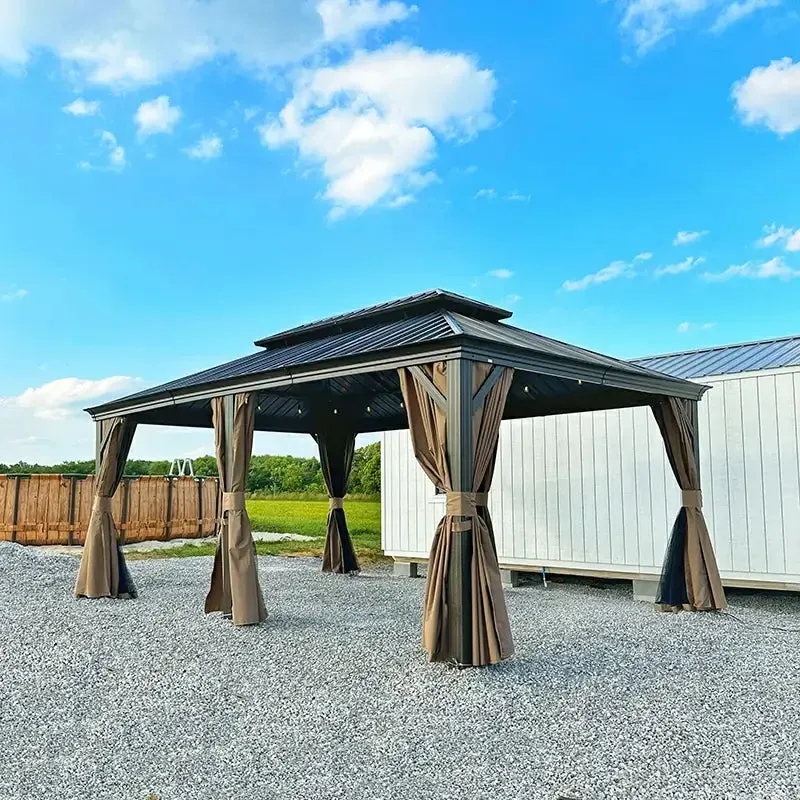 Hardtop Gazebo Brown with Drainage Gutters