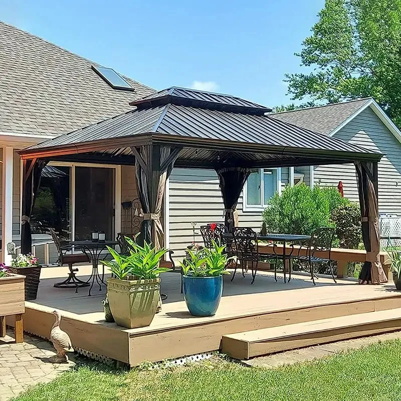 Hardtop Gazebo Brown with Drainage Gutters