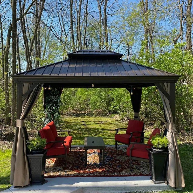 Hardtop Gazebo Brown with Drainage Gutters