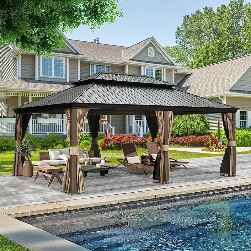 Hardtop Gazebo Brown with Drainage Gutters