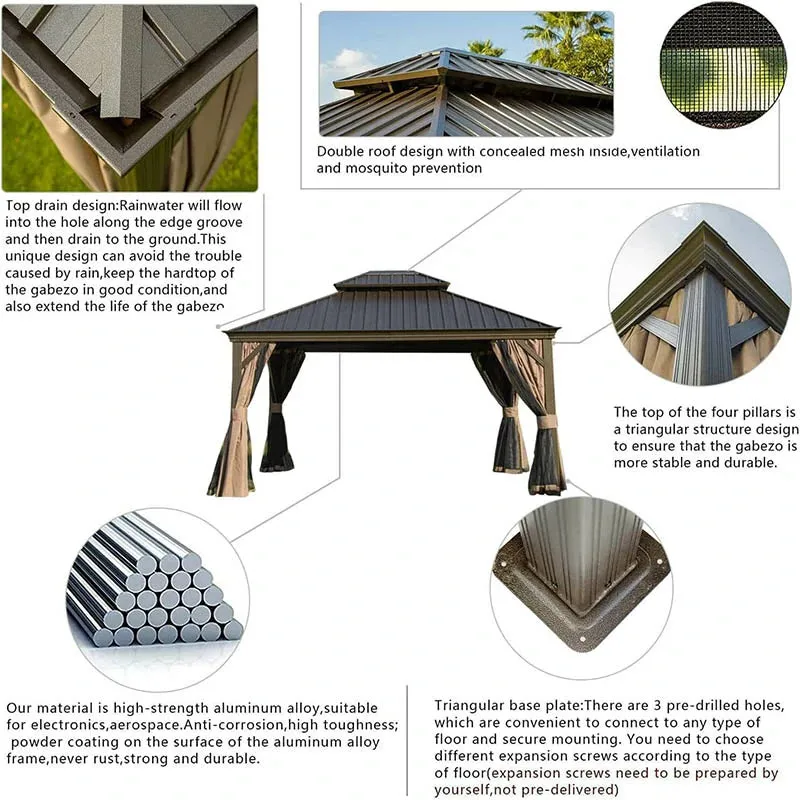Hardtop Gazebo Brown with Drainage Gutters