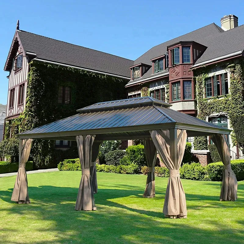 Hardtop Gazebo Brown with Drainage Gutters