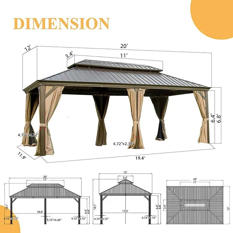 Hardtop Gazebo Brown with Drainage Gutters