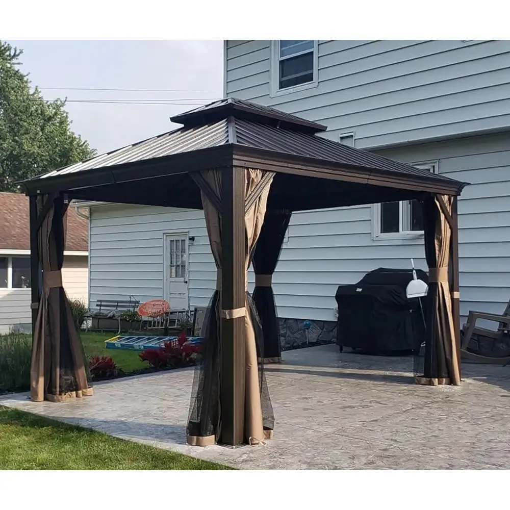 Hardtop Gazebo Brown with Drainage Gutters