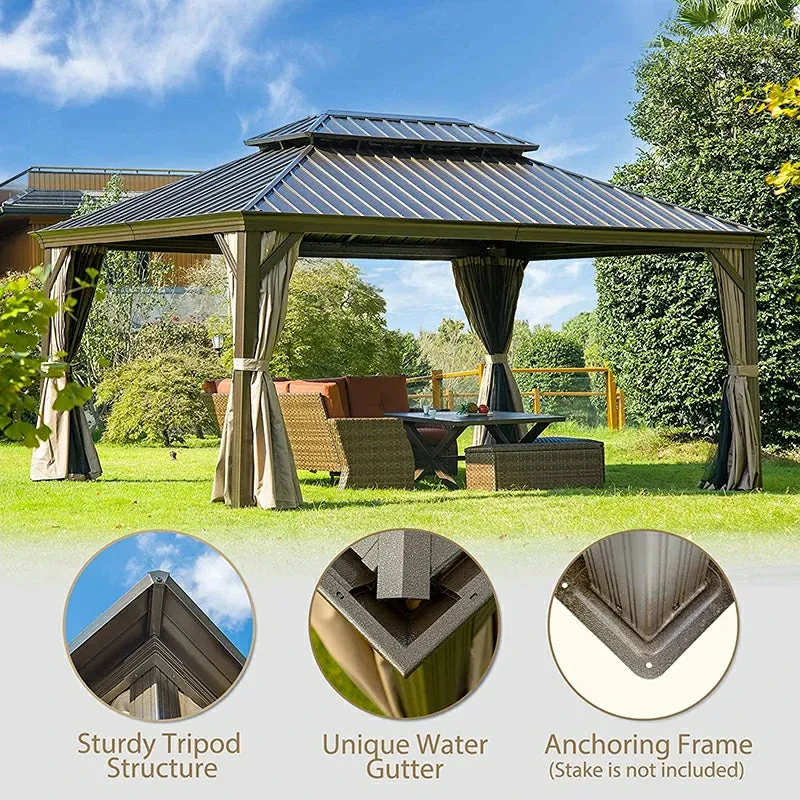 Hardtop Gazebo Brown with Drainage Gutters