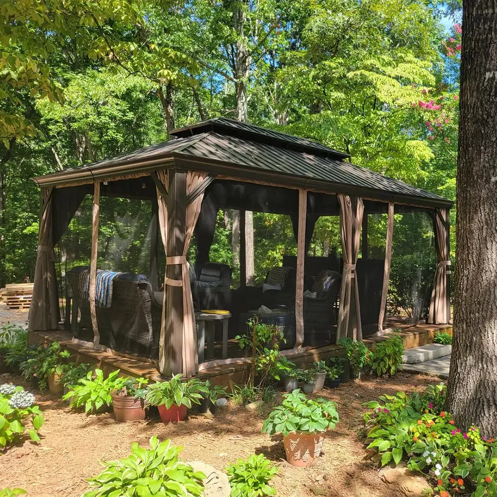 Hardtop Gazebo Brown with Drainage Gutters