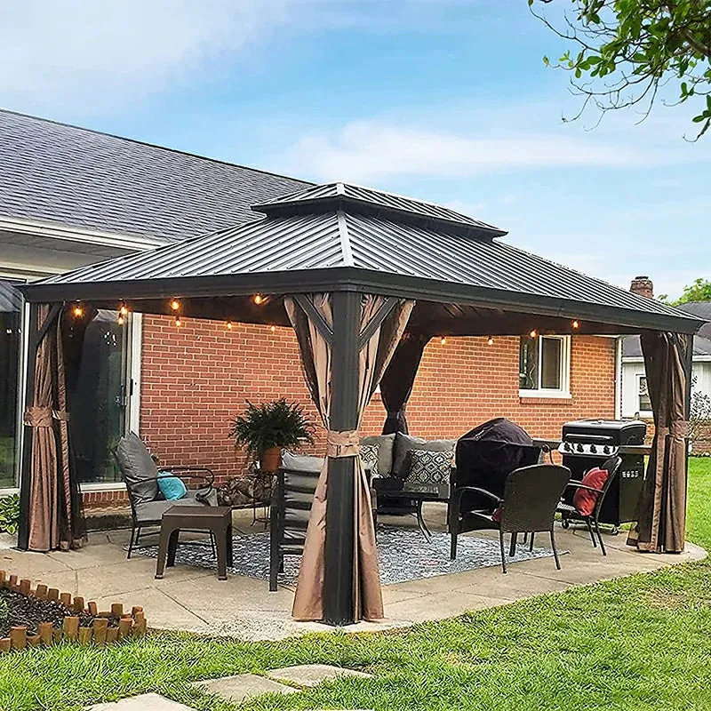 Hardtop Gazebo Brown with Drainage Gutters