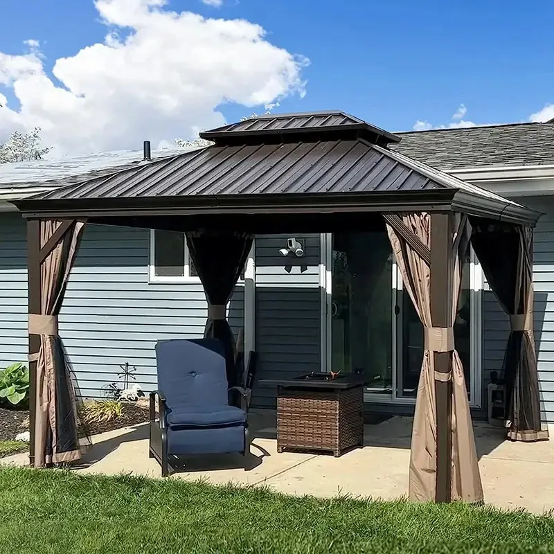 Hardtop Gazebo Brown with Drainage Gutters
