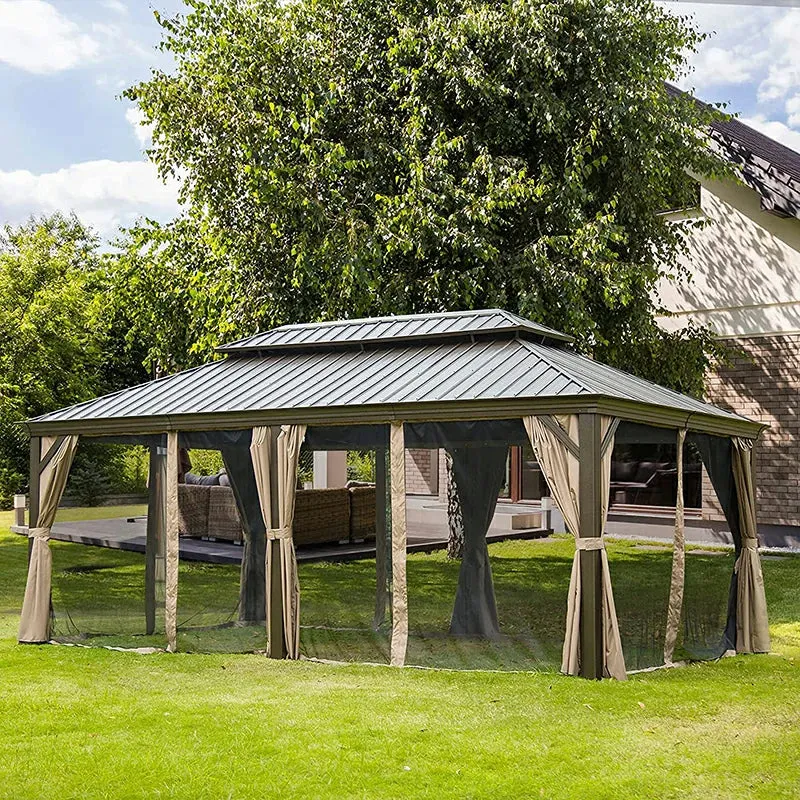 Hardtop Gazebo Brown with Drainage Gutters