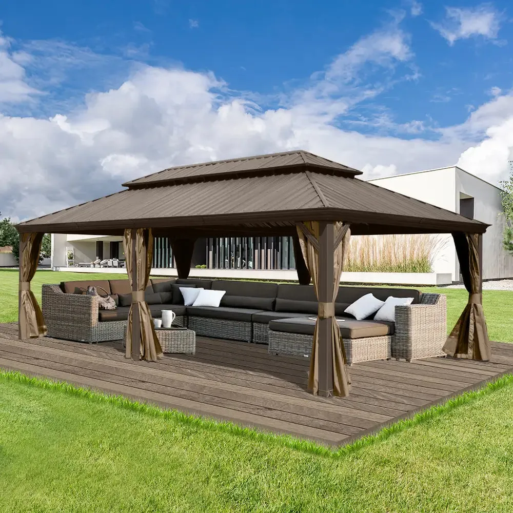 Hardtop Gazebo Brown with Drainage Gutters