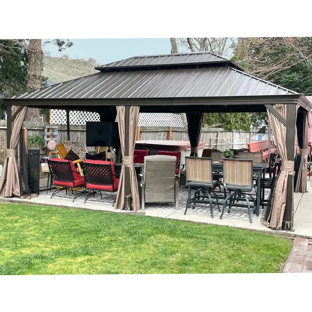 Hardtop Gazebo Brown with Drainage Gutters