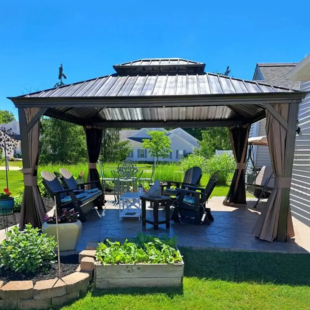 Hardtop Gazebo Brown with Drainage Gutters