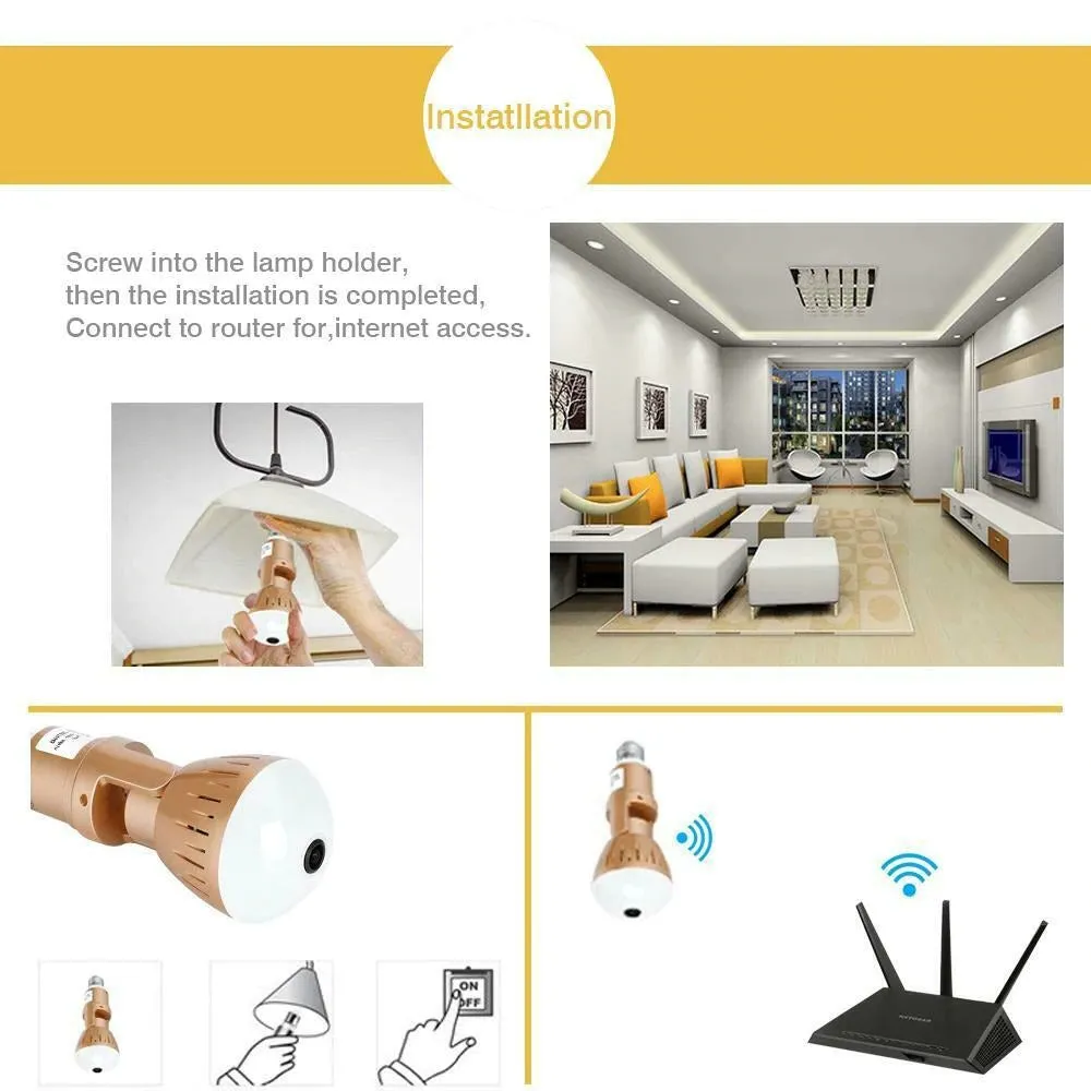 IP Camera Bulb Lamp light Wireless 2MP HD 360 Degrees Panoramic Light