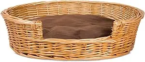 Light Steamed Oval Low Entry Wicker Dog Bed with Cushion