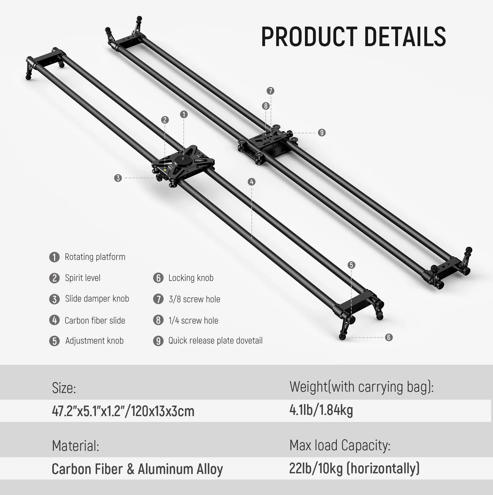 NEEWER CS120CM 47.2in/120cm Carbon Fiber Camera Slider