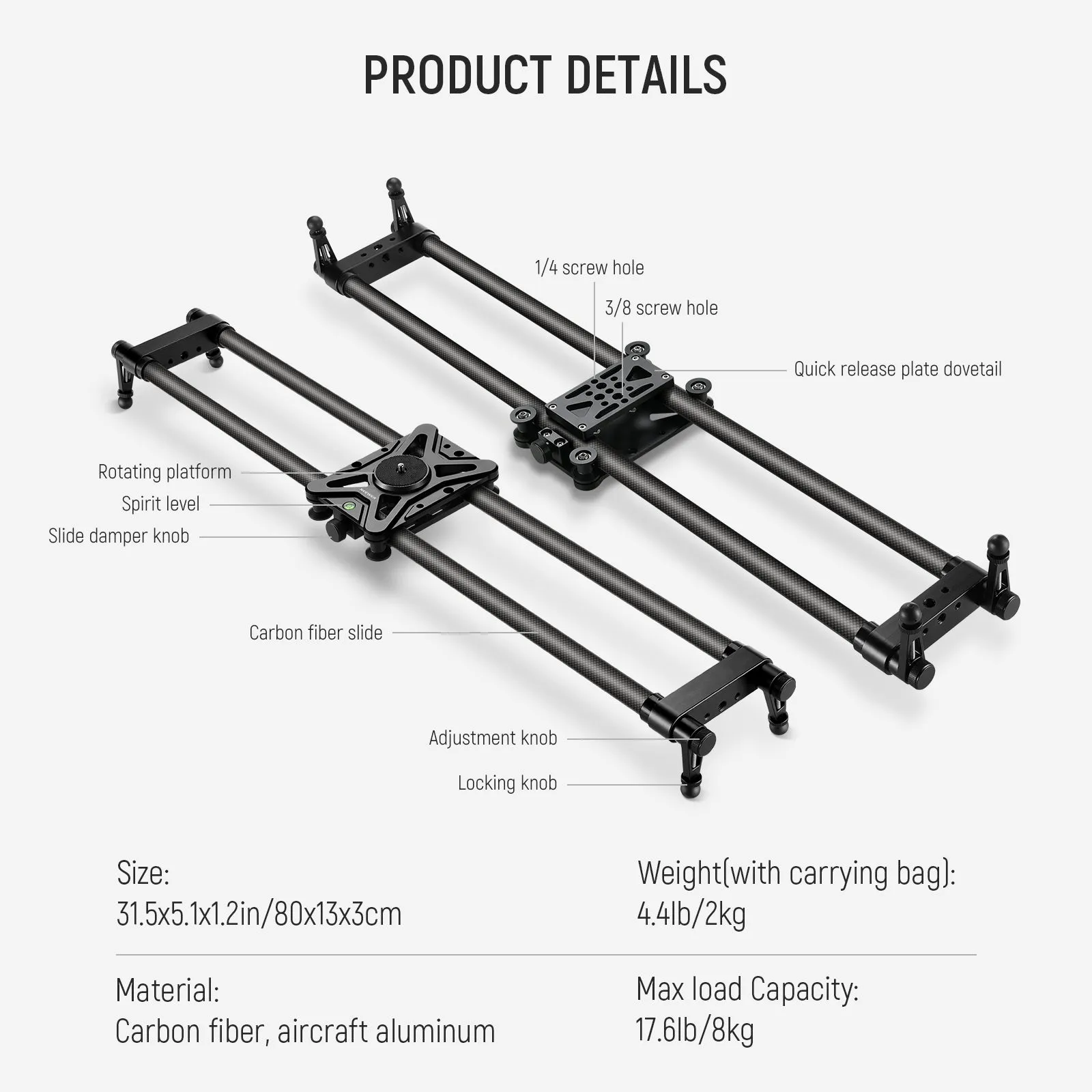 NEEWER CS80CM 31.5in/80cm Carbon Fiber Camera Slider