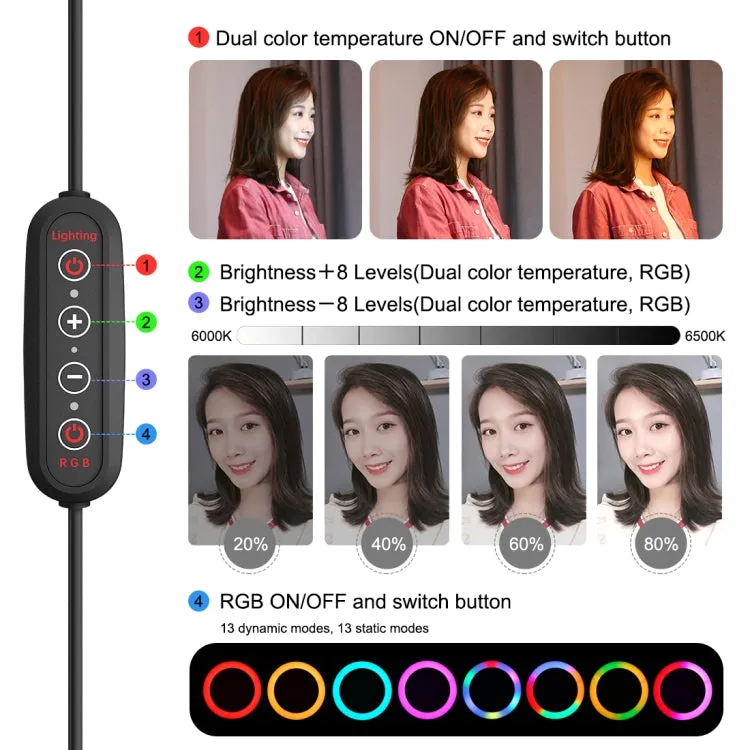 PULUZ 10.2 inch 26cm Marquee LED RGBWW Selfie Beauty Light    1.1m Tripod Mount 168 LED Dual-color Temperature Dimmable Ring Vlogging Photography Video Lights with Cold Shoe Tripod Ball Head & Remote Control & Phone Clamp