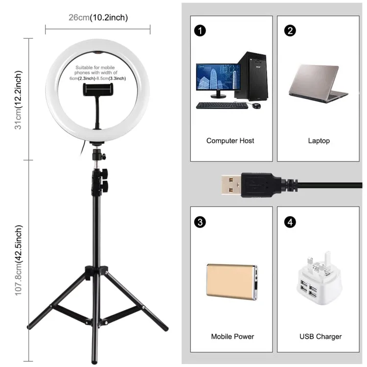 PULUZ 10.2 inch 26cm Marquee LED RGBWW Selfie Beauty Light    1.1m Tripod Mount 168 LED Dual-color Temperature Dimmable Ring Vlogging Photography Video Lights with Cold Shoe Tripod Ball Head & Remote Control & Phone Clamp