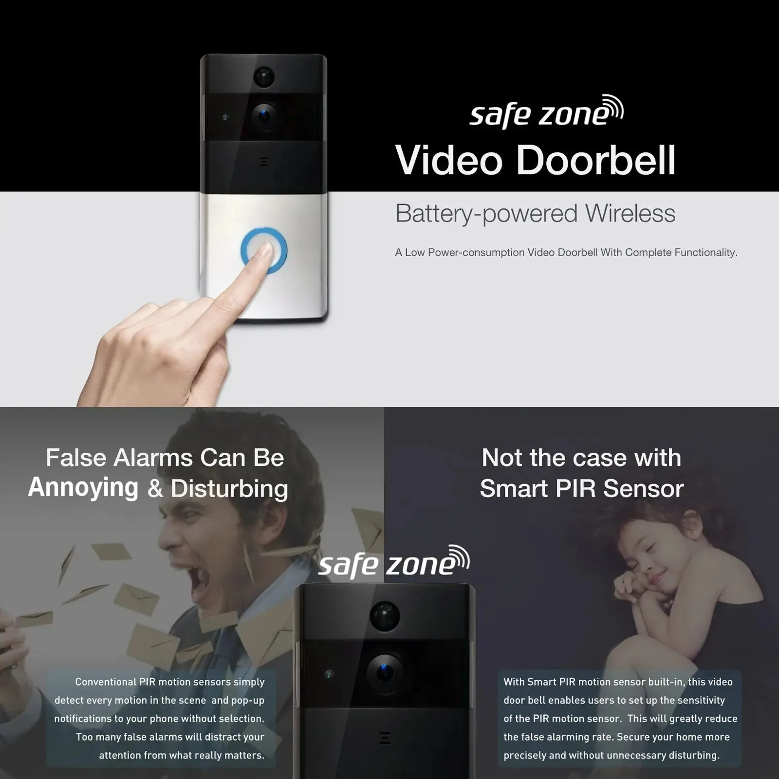 Safe zone wireless video doorbell camera 8gb smart remote control intercom wifi