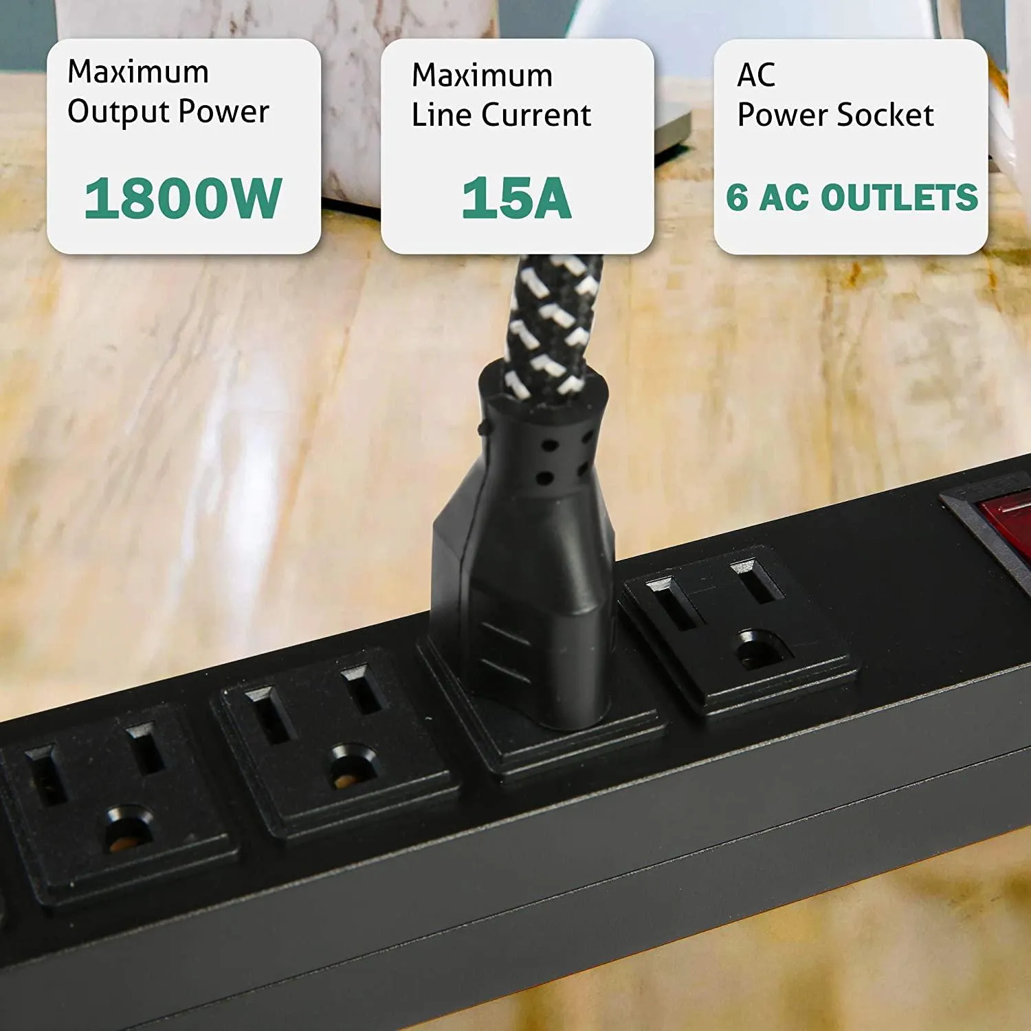 Set of 2 Power Strip with 6 Outlets Surge Protector 6 ft Extension Cord Wall Mount, Black