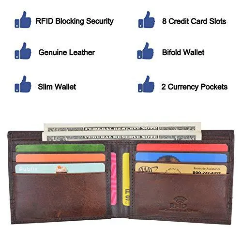 Slim Men's Wallet Thin Bifold Leather RFID Blocking Minimalist Front Pocket Mens Brown Wallet Cazoro RFID611292