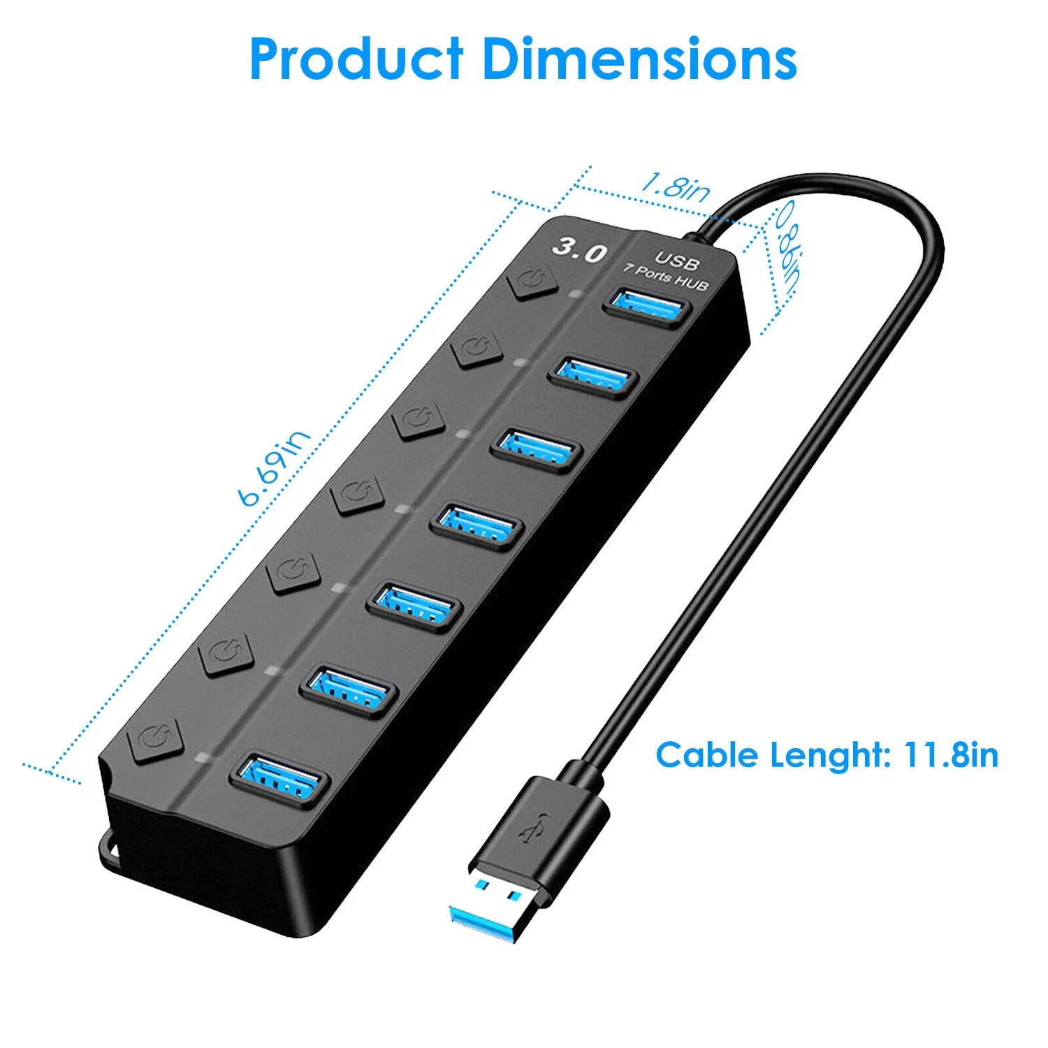 USB3.0 Hub Splitter 7Ports High Speed 5Gbps USB Data Expander with Separate ON OFF Switch for PC Computer